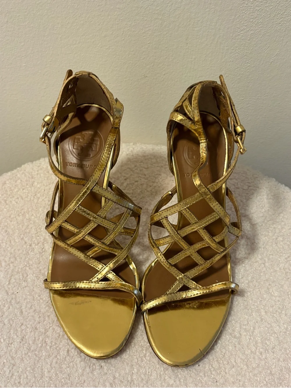 Tory Burch Metallic Gold Strappy Heeled Sandals
